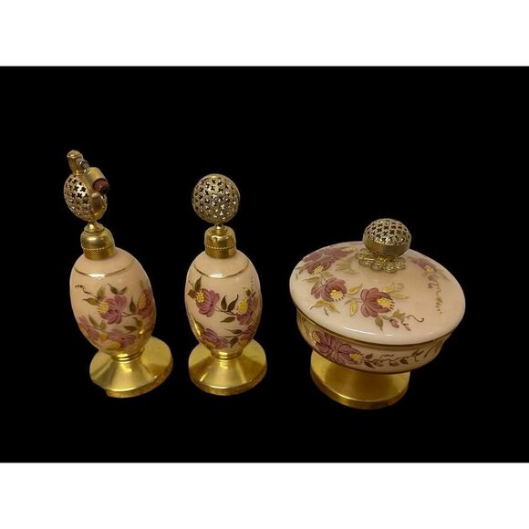 Vintage Satin Glass Vanity Set with Hand Painted Floral Design and Gold Trim - Picture 2 of 8